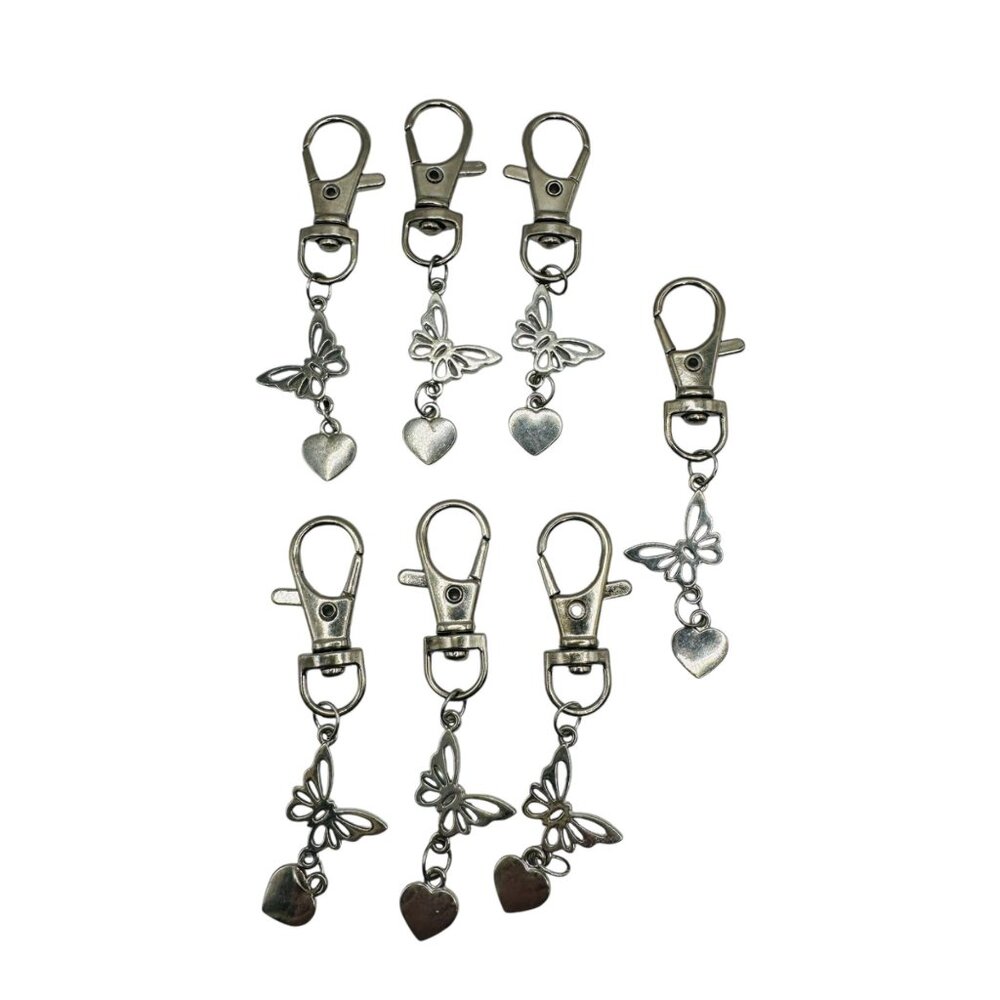 Set Of 7 Butterfly Heart Silver Metal Keychain Clips